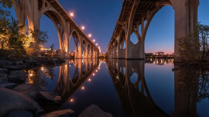 Dramatic view of twin arched bridges at dusk reflecting in calm water