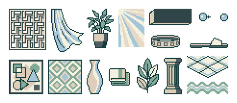 Set of pixel art icons featuring classical ancient Greek and Roman elements like columns, vases, patterns, and sandals in a muted color palette for a retro video game aesthetic