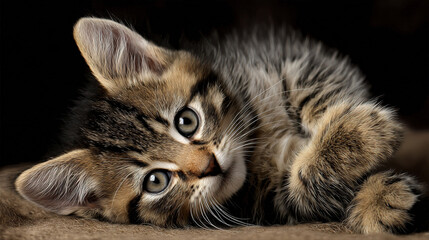 Kitten with wide eyes lying on fabric