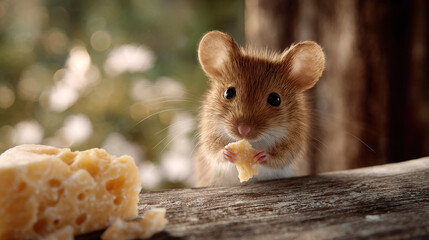 Small rodent eating cheese on wooden surface