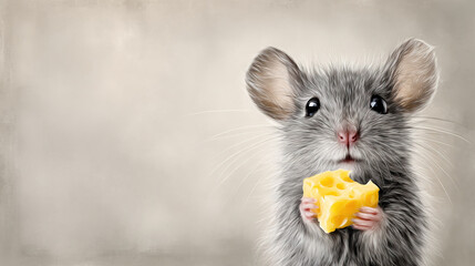 Small rodent holding cheese slice against a textured background
