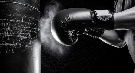 Boxing glove hitting punching bag, dust flying, close up