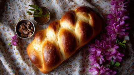 Fresh Braided Bread with Nuts and Flowers on Textured Cloth