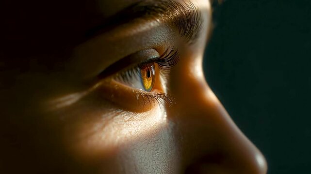 Intense golden hazel eye in profile view with detailed iris patterns sharp pupil warm skin tones dramatic side lighting on dark background