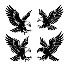 Naklejka premium Four black silhouette eagles in flying or diving poses against white