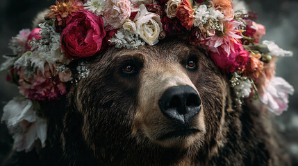 Bear adorned with colorful flower crown