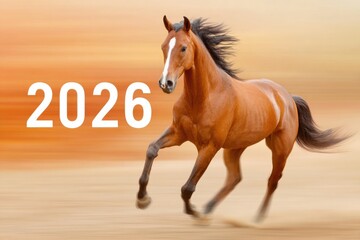 Obraz premium Dynamic illustration of a horse mid gallop with motion blur against a warm gradient background, featuring the year 2026 prominently displayed for promotional use