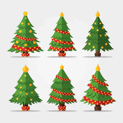 Obraz premium Six stylized green Christmas trees adorned with red ribbon garlands and yellow baubles