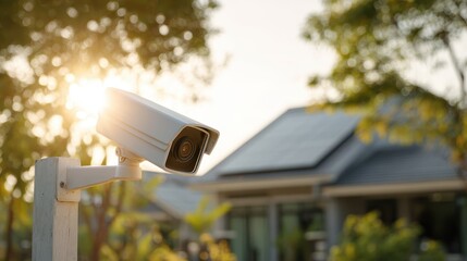 Security camera mounted on pole monitoring a modern house during sunset