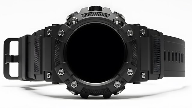 A sleek black smartwatch with a rugged design and blank face lies on a white surface