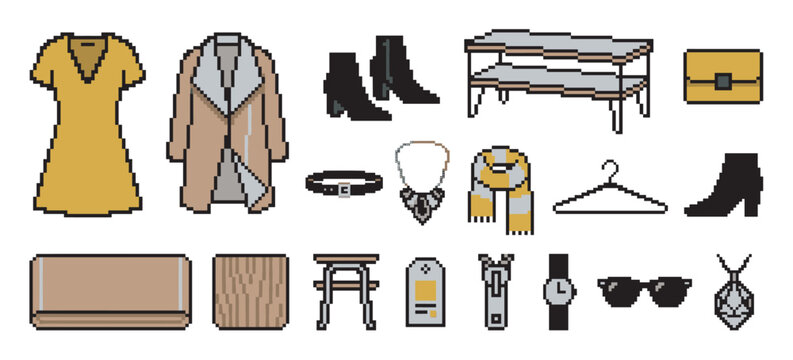 Pixel art collection of fashion items and accessories including a dress, coat, shoes, and handbag in a retro 8-bit video game style for a virtual wardrobe or shopping concept