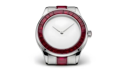 A luxurious silver watch with a white face and red gemstones on a plain white background