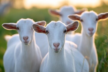 Fototapeta premium Group of young white goats standing closely in a green field with soft sunlight illuminating their fur and creating a serene rural atmosphere during a peaceful moment