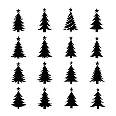 Obraz premium A grid of sixteen simple black Christmas tree silhouettes with stars