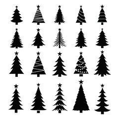Obraz premium Collection of 15 black silhouette Christmas trees with stars on white
