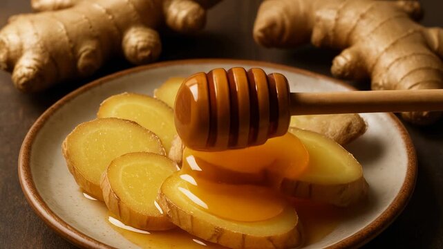 Pouring honey over fresh ginger slices kitchen table food warm atmosphere benefits