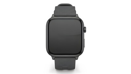 A sleek black smartwatch with a square face and gray strap on a white background
