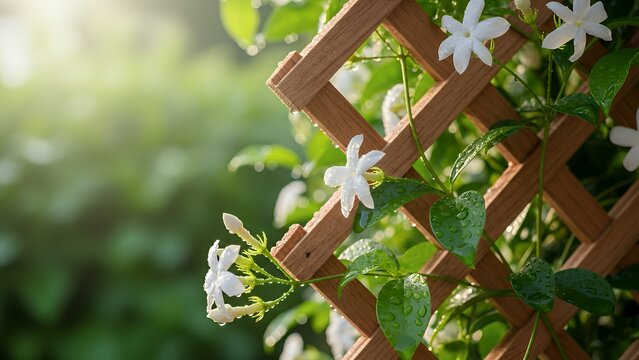 Jasmine Flowers Growing On Wooden Trellis Morning Dew