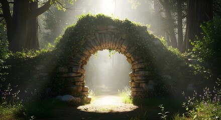 Mystical ancient stone archway covered in ivy in a sunlit enchanted forest