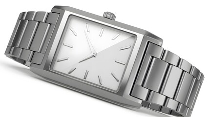 A sleek silver watch with a rectangular face and metal band on a white background