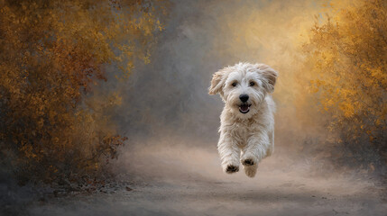 White Dog Running in Autumn Forest