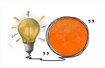 Trendy Halftone Collage with speech bubble near light bulb on white background. Concept of creative idea, business solution, creative mind or brainstorm. Contemporary vector illustration	