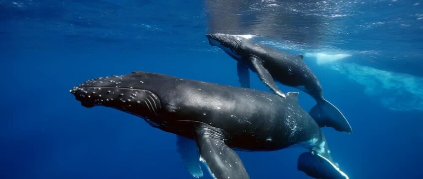 Two humpback whales glide together in the serene ocean depths, showcasing their grace.