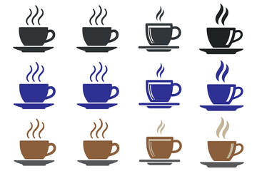 Obraz premium Collection of steaming hot coffee and tea cup icons in various styles and colors