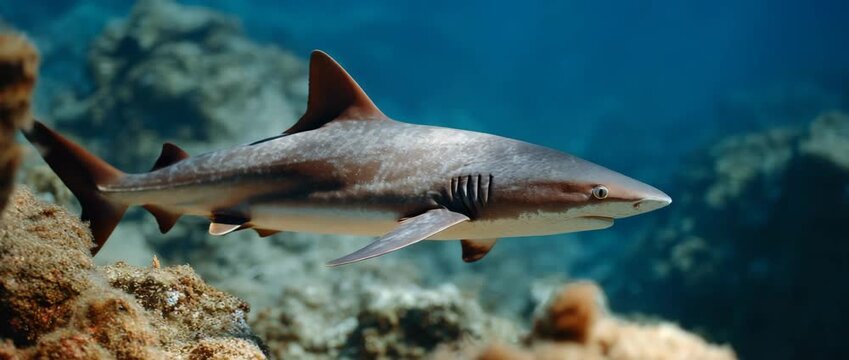 A sleek shark navigates through vibrant underwater coral, showcasing marine beauty.