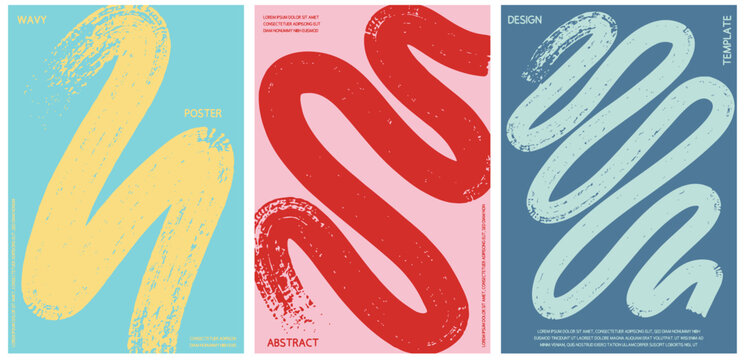 Vector Grainy Wavy Lines Grunge Texture Poster Background Collection. Multicolor Bold Curved Brush Strokes Poster Set