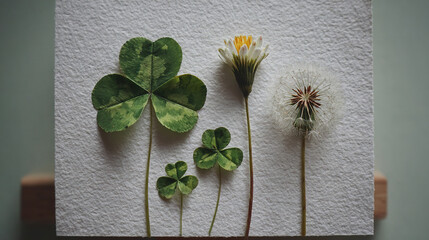 Fresh Four-Leaf Clover and Dandelion Arrangement on Textured Surface