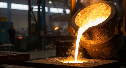 Molten aluminum stream flows into can mold at industrial foundry during metal casting process