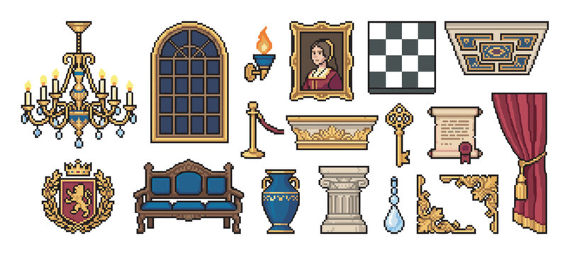 Large set of vintage pixel art objects for a castle interior, including an ornate chandelier, antique furniture, a royal portrait, and other decorative elements for a retro game