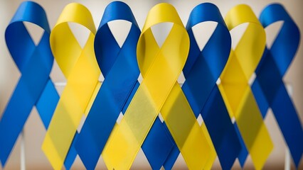 Row of alternating bright blue and vivid yellow awareness ribbons symbolizing support, unity, solidarity, and visible advocacy for important causes or national identity representation.