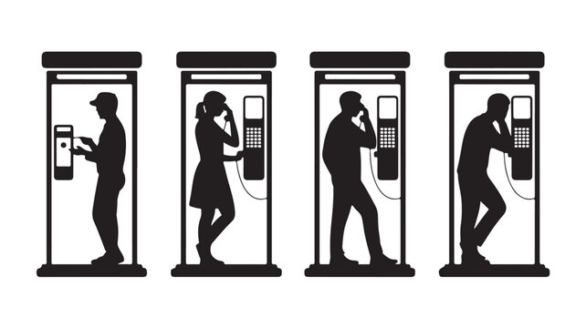 People Communicating in Phone Booths with Payphones and Smartphones Silhouettes