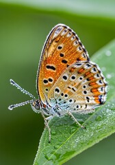 Obraz premium Butterfly resting on leaf with morning dew drops covering its wings and antennae