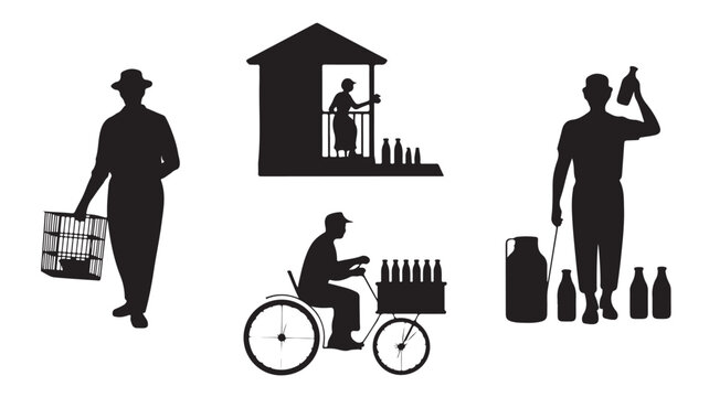Milkman Delivering Milk Bottles and Cans to Customers Silhouette Vector Set