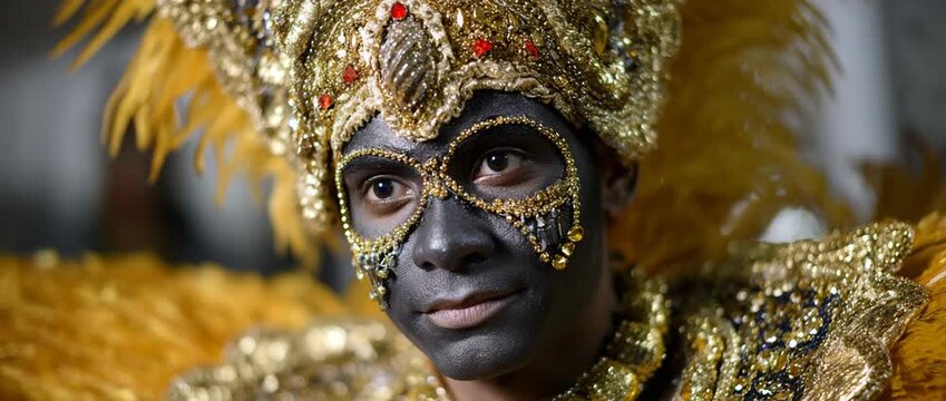 A beautifully adorned performer displays an artistic mask and costume.