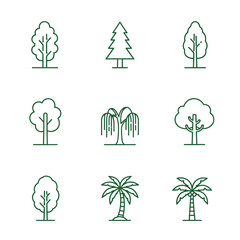 Nine stylized outline drawings of various trees in a grid