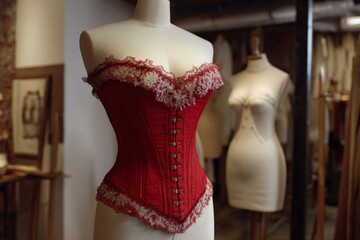 Red Vintage Corset Displayed on Mannequin in Tailoring Studio With Other Mannequins in the Background and Detailed Lace Work