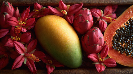 Fresh Tropical Fruits with Red Flowers in Wooden Crate