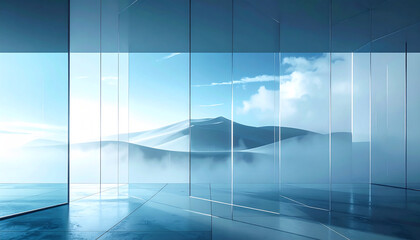 Creative glass building detail with foggy mountain reflection