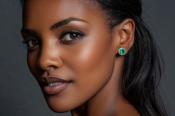 Woman Shows Classic Silver Emerald Stud Earrings With Vivid Green Gems in Clear Focus and Detail