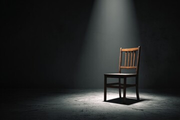 A Wooden Chair Stands Alone in a Dim Space Creating a Focus on Solitude in a Minimalist Setting During Evening Hours