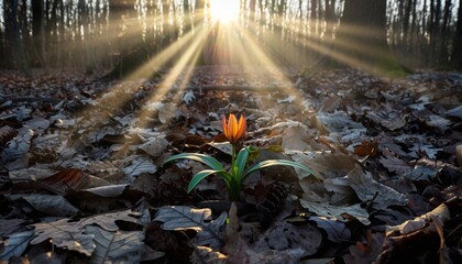 Obraz premium Single orange flower blooming in a sunlit forest path during springtime dawn