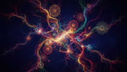 Vibrant fractal energy streams with intricate circular patterns illuminating a dark cosmic background