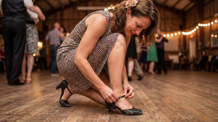 A woman adjusting her high heel shoe in a crowded dance hall with string lights