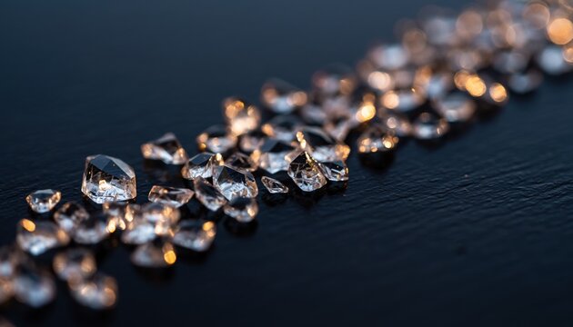 Scattered brilliant cut diamonds with warm light reflections on a dark textured surface, representing luxury and preciousness