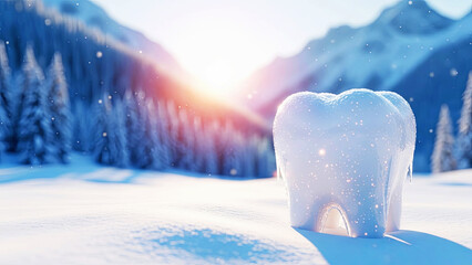 Snow covered tooth in winter landscape with sunlight. Dental health concept and teeth sensitivity in cold weather. Oral care background.
