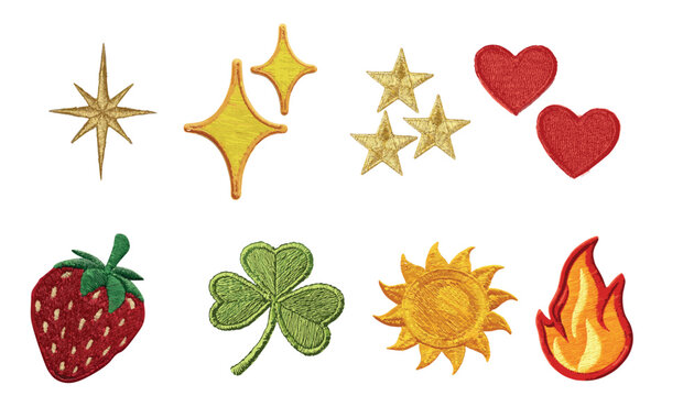 A  vector Collection of Embroidered Patchwork Elements, Various golden stars, sparkles, Sun, Red hearts, a strawberry, a three-leaf clover, and a flame.